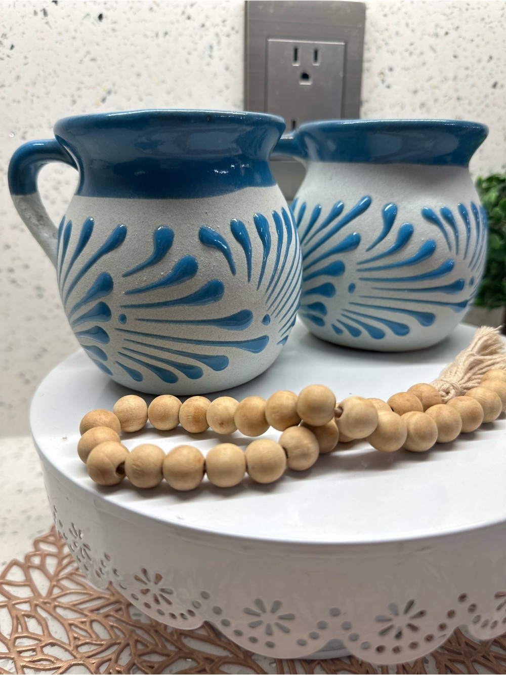 Handcrafted Mexican Turquoise  Clay Mugs — Set of 2